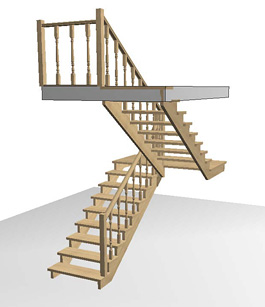 Разворотная деревянная лестница с площадкой ступенями